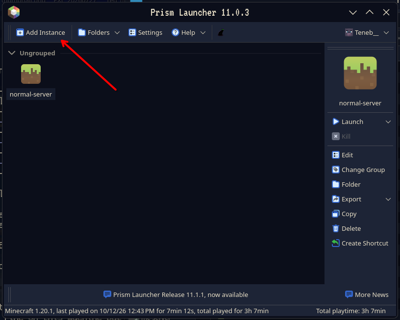 Prism Launcher main window with the Add Instance button highlighted