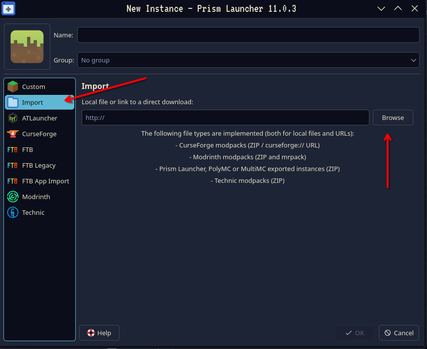 New Instance dialog with Import selected and the Browse button highlighted